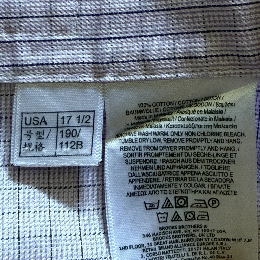 Brooks Brothers Men's Regular Fit Non-Iron Button-Up Shirt 17-4/5 Lavender Plaid